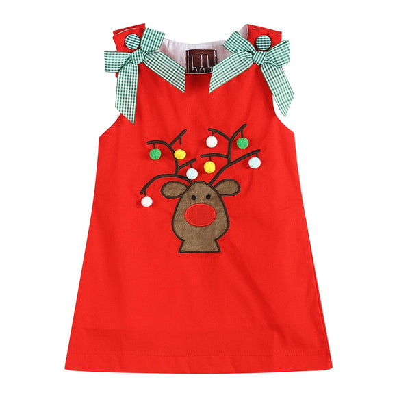 Red Reindeer with PomPoms and Bows Swing Dress Baby/Kids