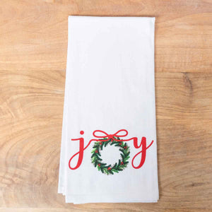 Joy Wreath Flour Sack Hand Towel    White/Red/Green   20x28