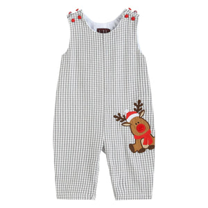 Gray Gingham Reindeer Applique Christmas Overalls kids/ Baby