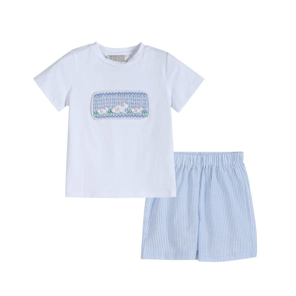 Blue Seersucker Bunnies Smocked Shirt and Shorts Set