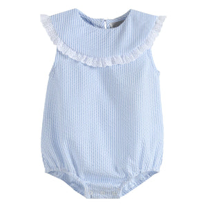 Classic Light Blue Seersucker Collared Baby Bubble Romper